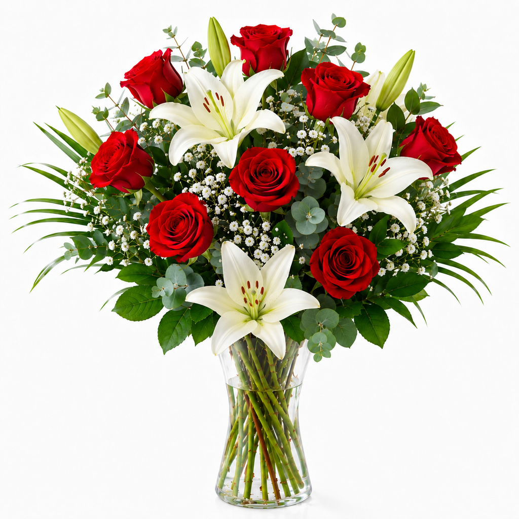 Bouquet of red roses and white lilies