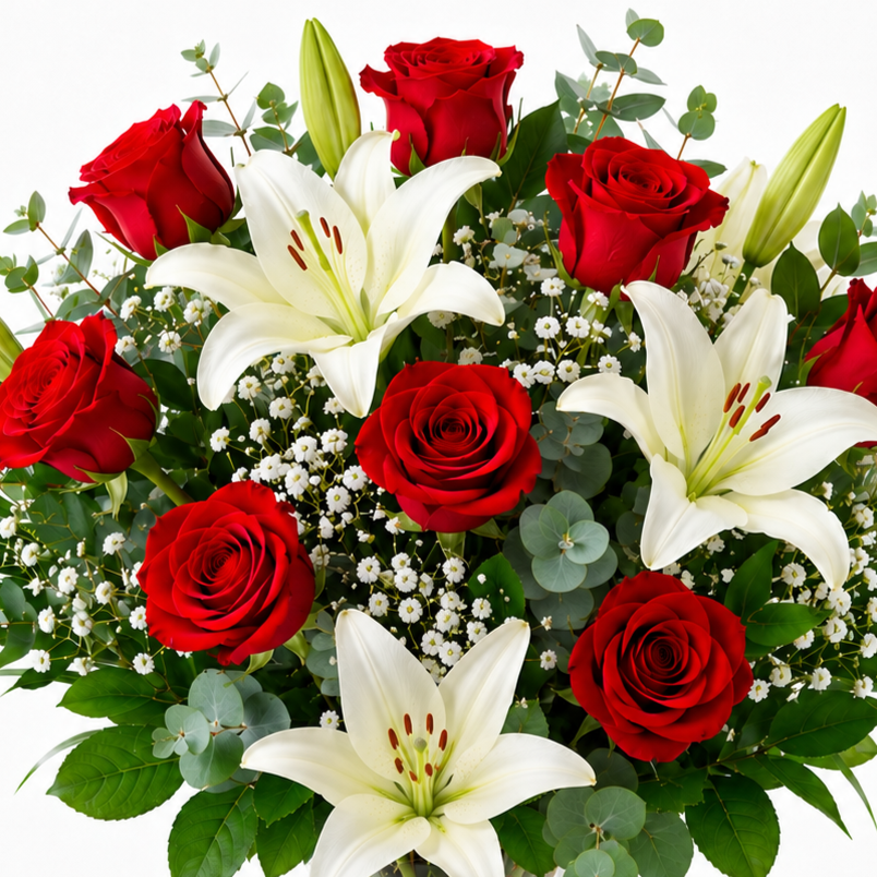 Bouquet of red roses and white lilies