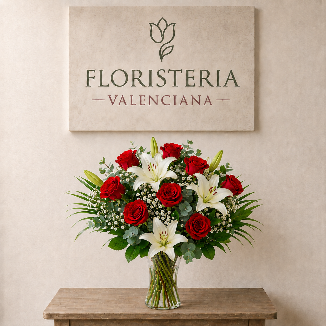 Ramo rosas rojas y lilium blanco